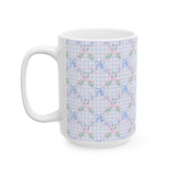 Pastel Gingham Floral Mug — Blue Bow Tea Coffee Cup (11oz & 15oz)