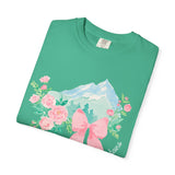 Faith Can Move Mountains Preppy Blossom Tee — Pink Bow Floral Mountain Graphic