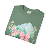 Faith Can Move Mountains Preppy Blossom Tee — Pink Bow Floral Mountain Graphic
