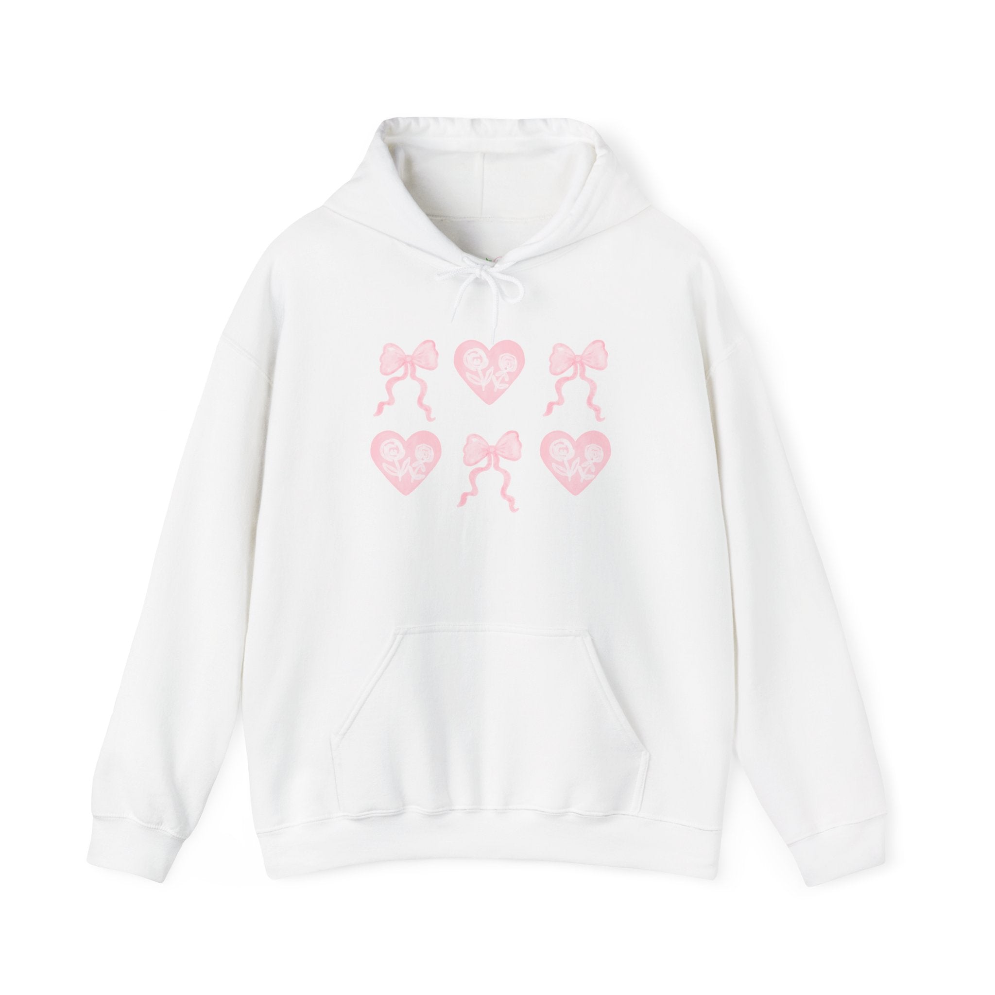 Heart & Bows Hoodie — Cute Pink Heart Pattern Pullover for Valentine’s Day