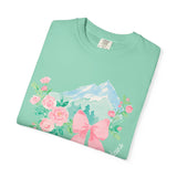 Faith Can Move Mountains Preppy Blossom Tee — Pink Bow Floral Mountain Graphic