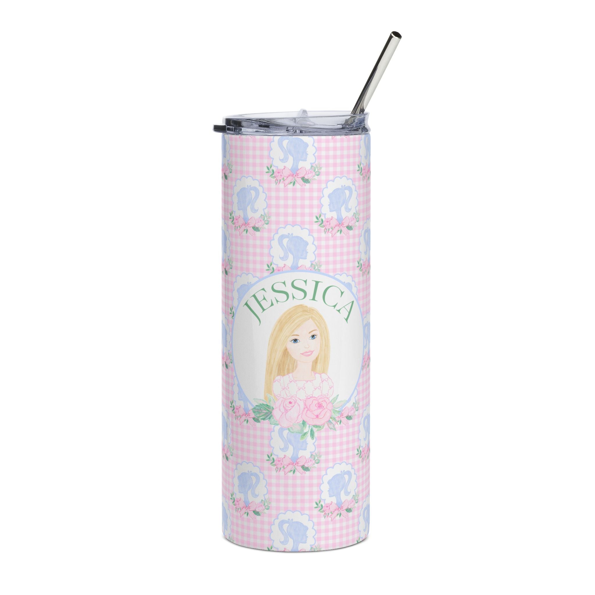 Preppy Doll Personalized Pink Floral Tumbler — 20oz Stainless Steel Travel Cup