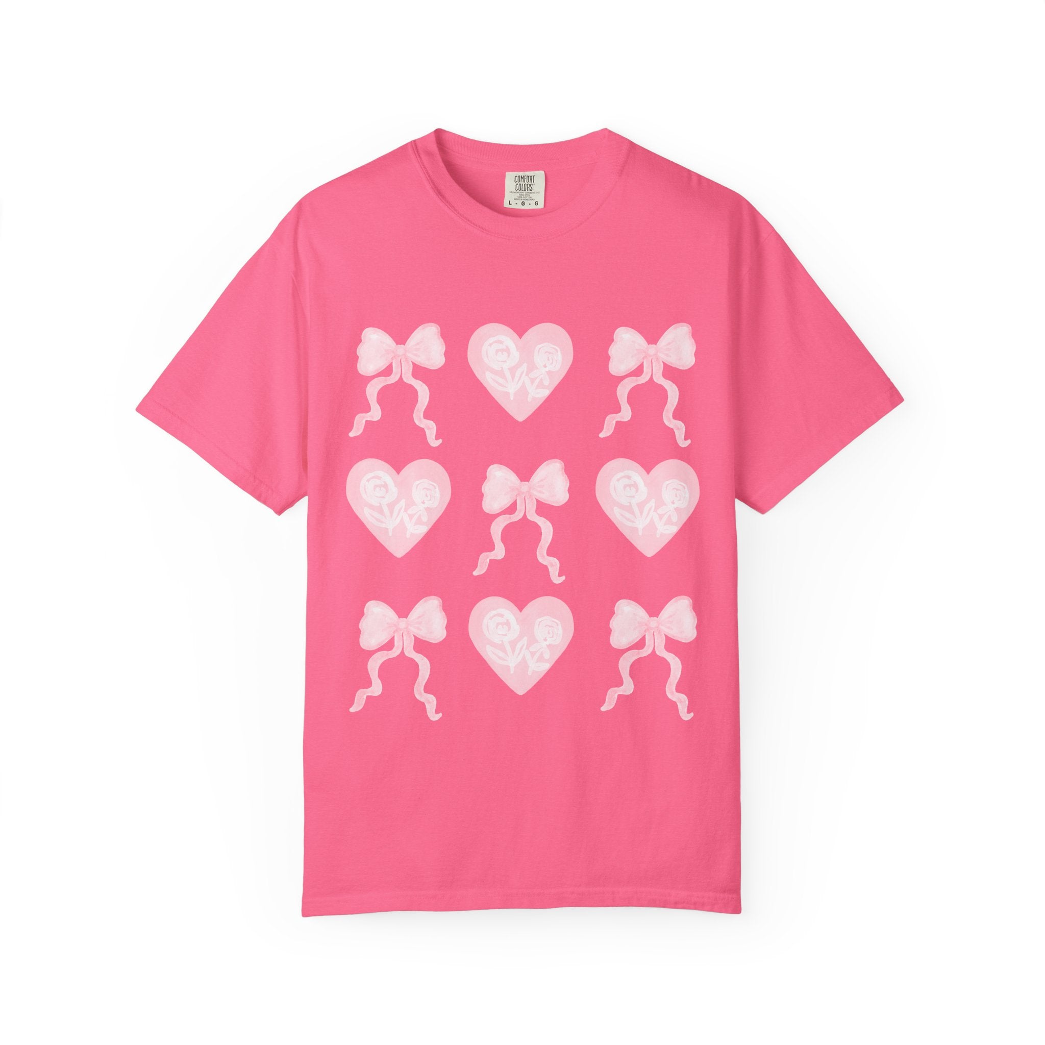 Pink Heart & Bow Graphic T-Shirt — Cute Retro Valentine Tee