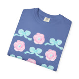 Floral Bow Pattern T-Shirt — Pastel Pink Flowers & Aqua Bows