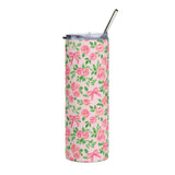 Floral Rose Pattern 20oz Stainless Tumbler — Pink Ribbon Bouquet Travel Cup