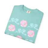 Floral Bow Pattern T-Shirt — Pastel Pink Flowers & Aqua Bows
