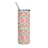 Floral Rose Pattern 20oz Stainless Tumbler — Pink Ribbon Bouquet Travel Cup