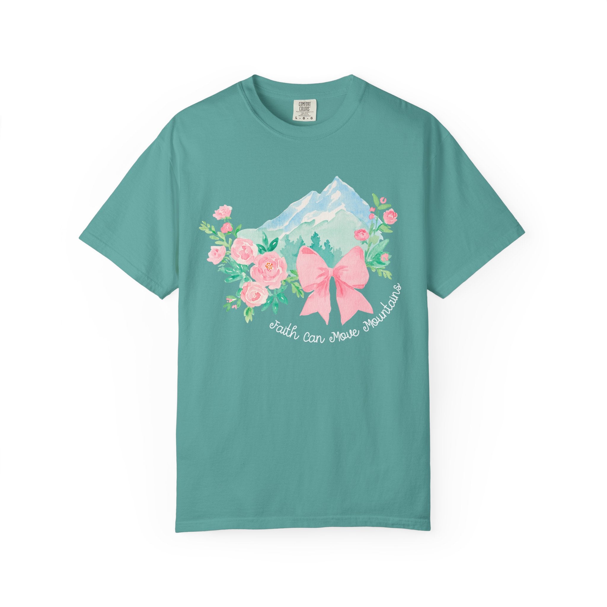 Faith Can Move Mountains Preppy Blossom Tee — Pink Bow Floral Mountain Graphic