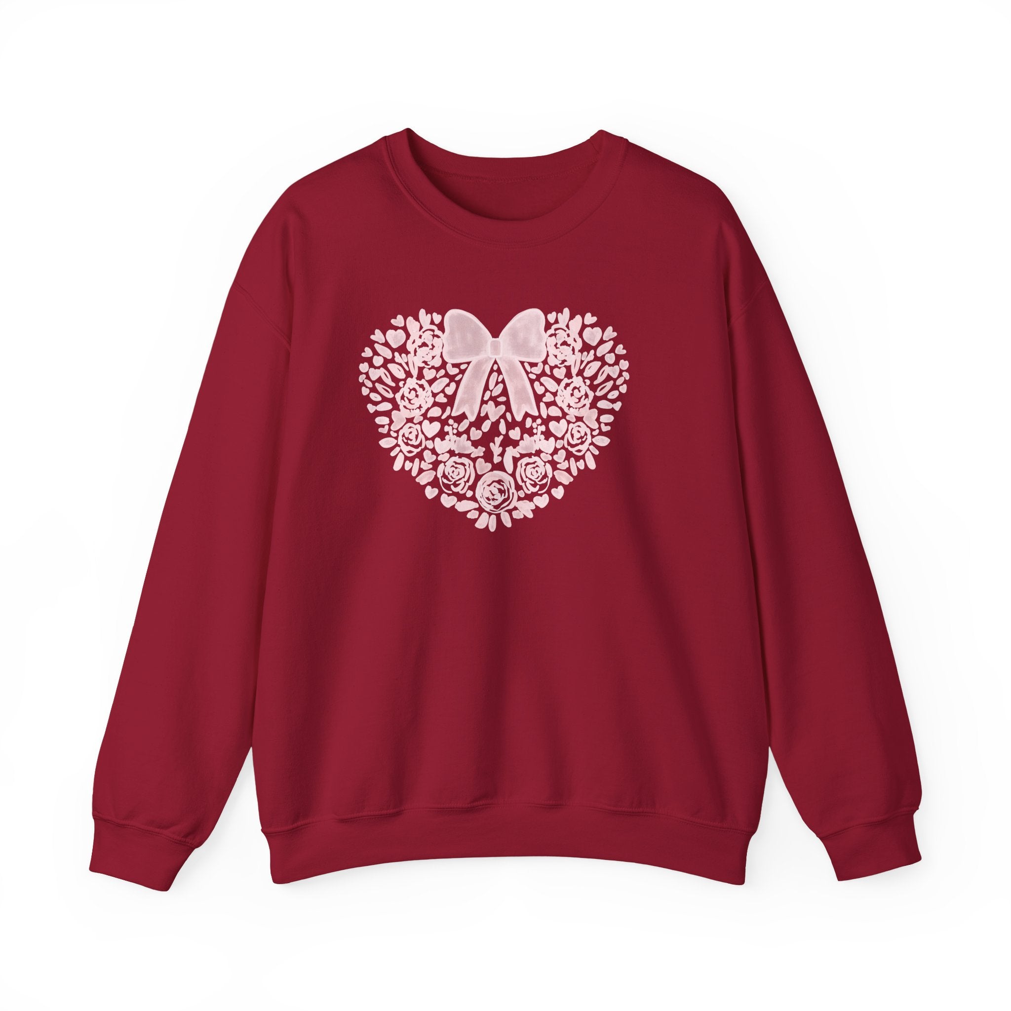 Floral Heart Bow Sweatshirt — Pastel Romantic Crewneck for Women