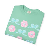 Floral Bow Pattern T-Shirt — Pastel Pink Flowers & Aqua Bows