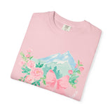 Faith Can Move Mountains Preppy Blossom Tee — Pink Bow Floral Mountain Graphic