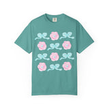 Floral Bow Pattern T-Shirt — Pastel Pink Flowers & Aqua Bows