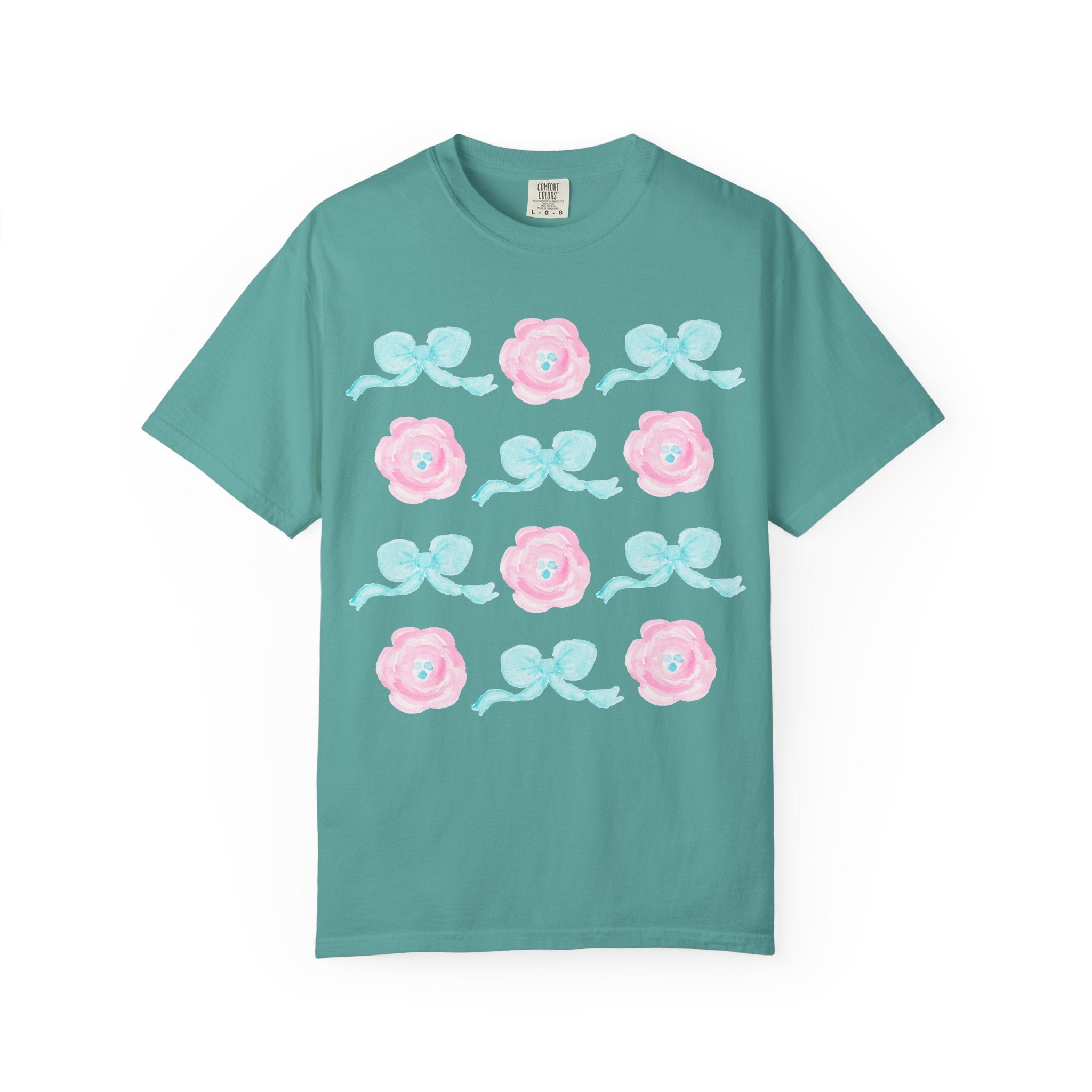 Floral Bow Pattern T-Shirt — Pastel Pink Flowers & Aqua Bows