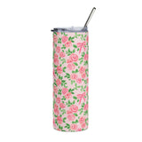Floral Rose Pattern 20oz Stainless Tumbler — Pink Ribbon Bouquet Travel Cup