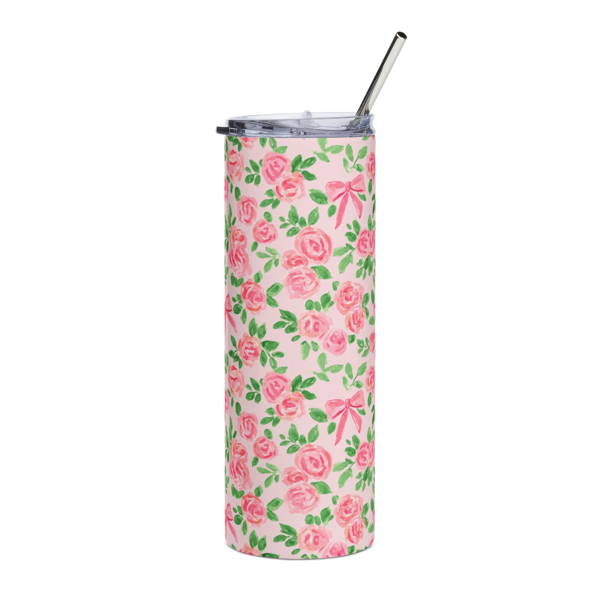 Floral Rose Pattern 20oz Stainless Tumbler — Pink Ribbon Bouquet Travel Cup