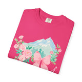 Faith Can Move Mountains Preppy Blossom Tee — Pink Bow Floral Mountain Graphic