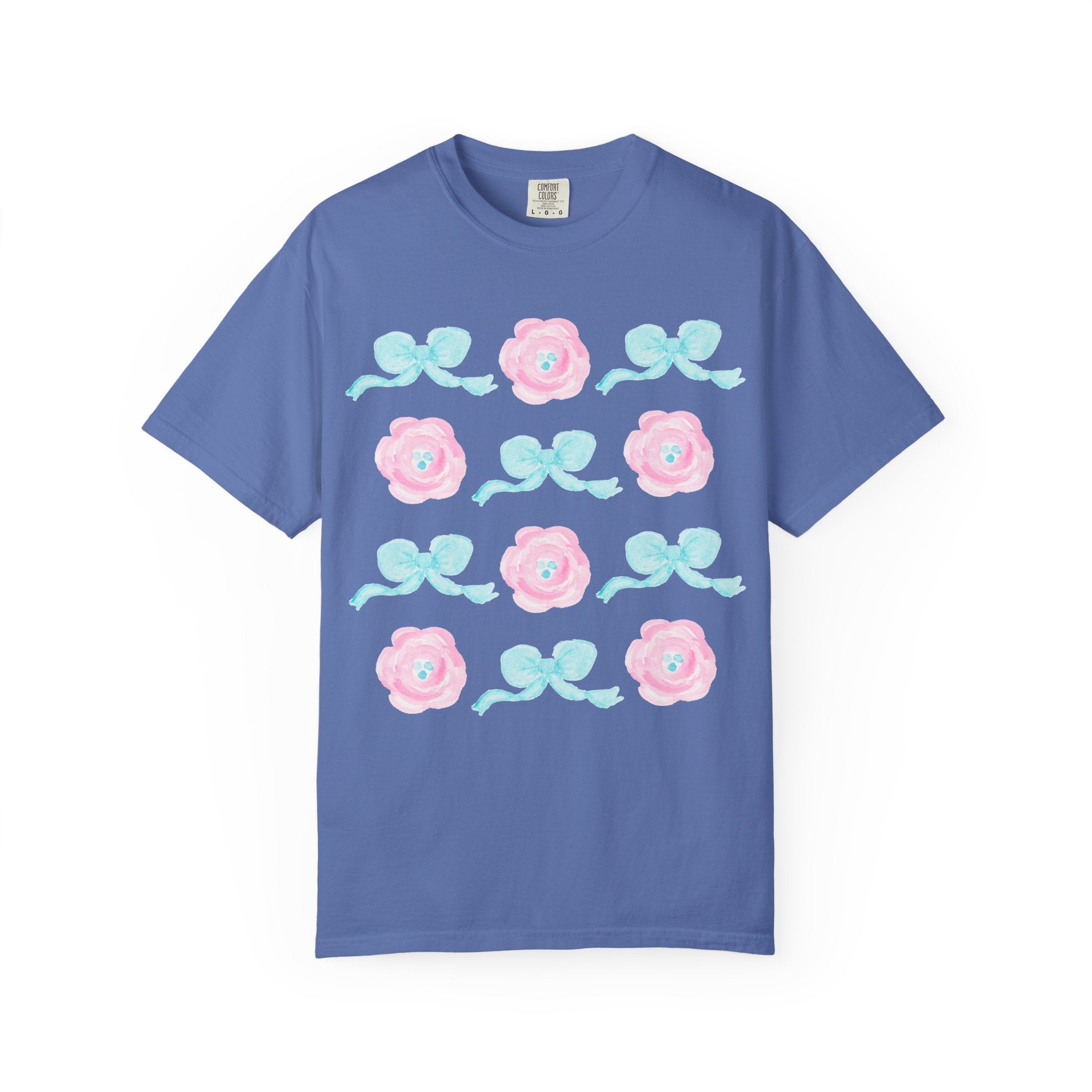 Floral Bow Pattern T-Shirt — Pastel Pink Flowers & Aqua Bows