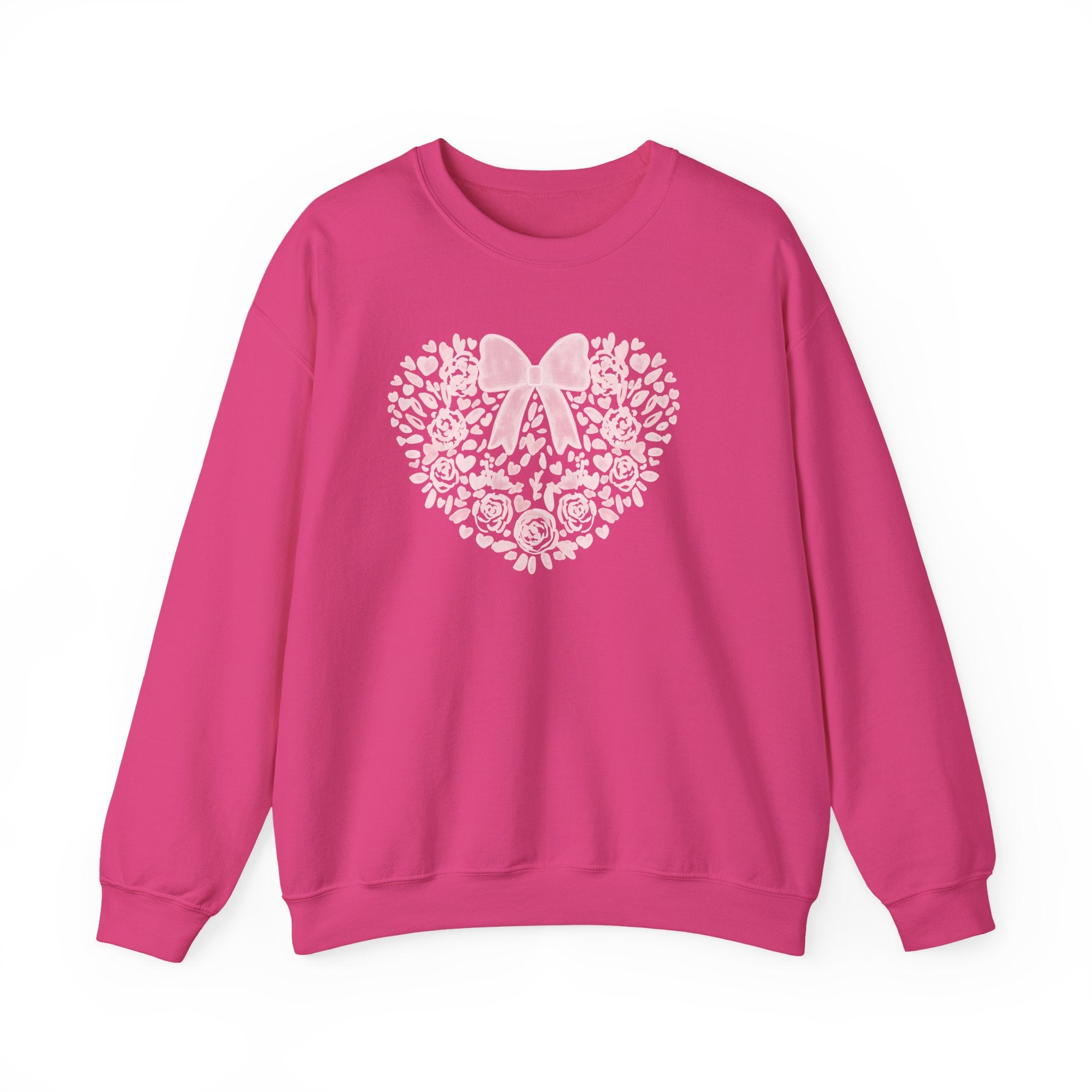 Floral Heart Bow Sweatshirt — Pastel Romantic Crewneck for Women