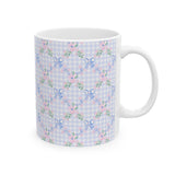 Pastel Gingham Floral Mug — Blue Bow Tea Coffee Cup (11oz & 15oz)