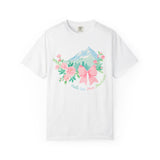 Faith Can Move Mountains Preppy Blossom Tee — Pink Bow Floral Mountain Graphic