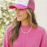 Mama Trucker Hat — Pink Script Bow Cap for Moms