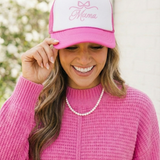 Mama Trucker Hat — Pink Script Bow Cap for Moms