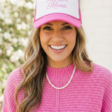 Mama Trucker Hat — Pink Script Bow Cap for Moms