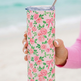 Floral Rose Pattern 20oz Stainless Tumbler — Pink Ribbon Bouquet Travel Cup