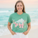 Faith Can Move Mountains Preppy Blossom Tee — Pink Bow Floral Mountain Graphic
