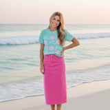 Floral Bow Pattern T-Shirt — Pastel Pink Flowers & Aqua Bows