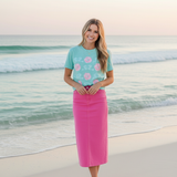 Floral Bow Pattern T-Shirt — Pastel Pink Flowers & Aqua Bows