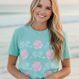 Floral Bow Pattern T-Shirt — Pastel Pink Flowers & Aqua Bows