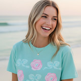 Floral Bow Pattern T-Shirt — Pastel Pink Flowers & Aqua Bows
