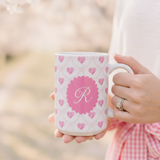Personalized Pink Heart Monogram Mug — 15oz Ceramic Coffee Cup