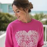 Floral Heart Bow Sweatshirt — Pastel Romantic Crewneck for Women
