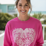 Floral Heart Bow Sweatshirt — Pastel Romantic Crewneck for Women